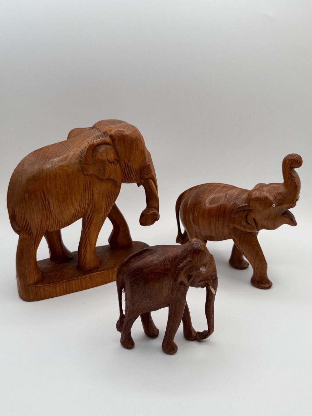 Vintage Hand Carved Wood Elephant Figurines Lot of 3 Trunk Up Asian Decor